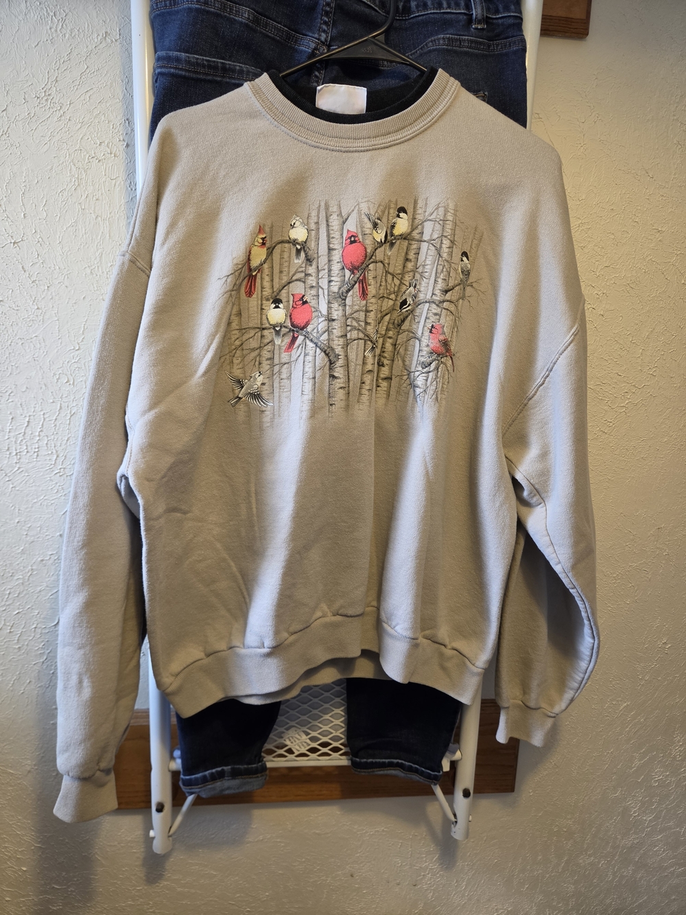 Cream Crewneck Sweater with Cardinal Bird Print